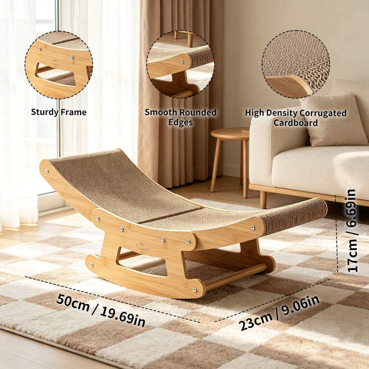 2-in-1 Cat Rocking Bed & Scratcher | Wooden Cat Lounge with Cardboard Scratch Pad for Indoor Cats