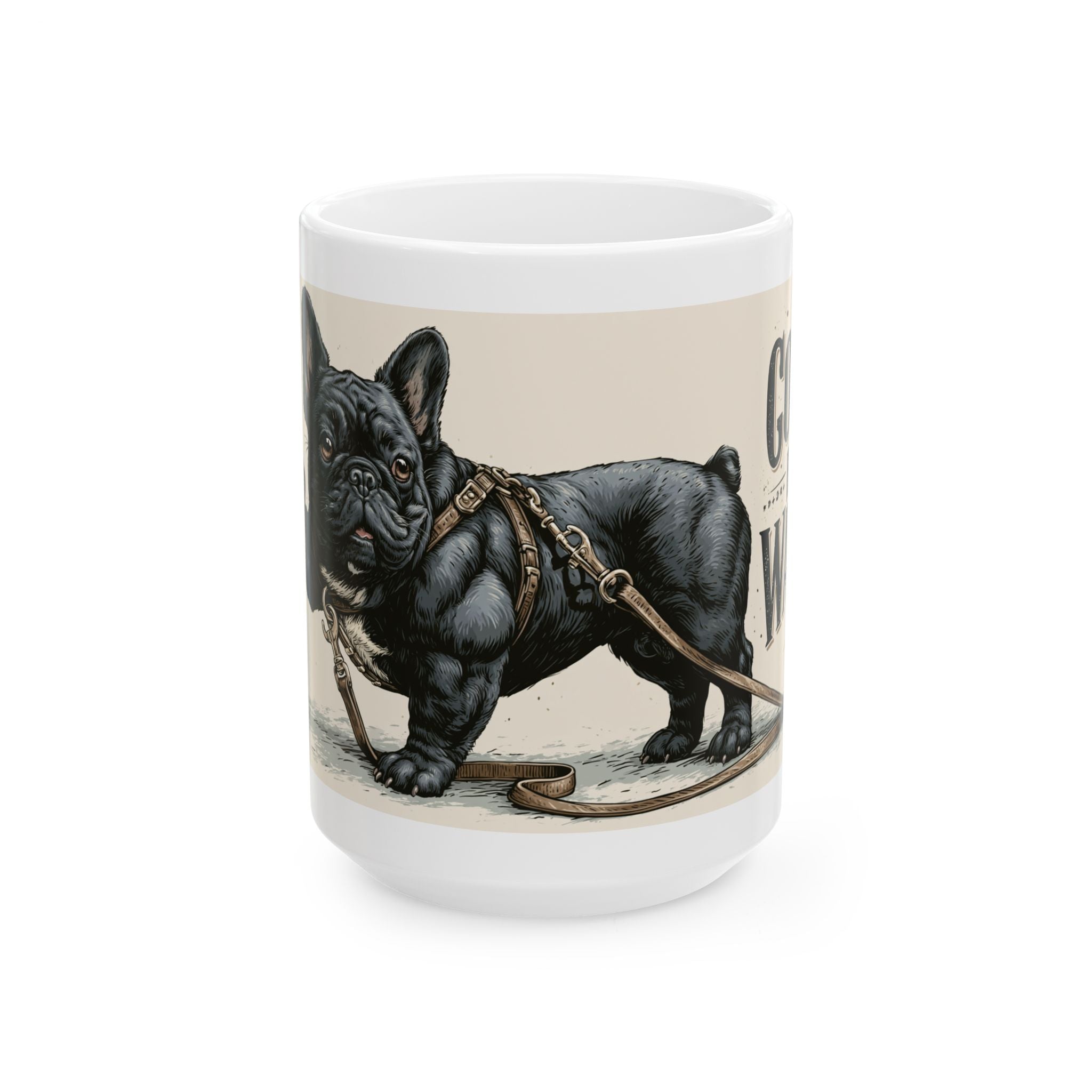 Close-up of vintage French Bulldog graphic on TankPaw coffee mug