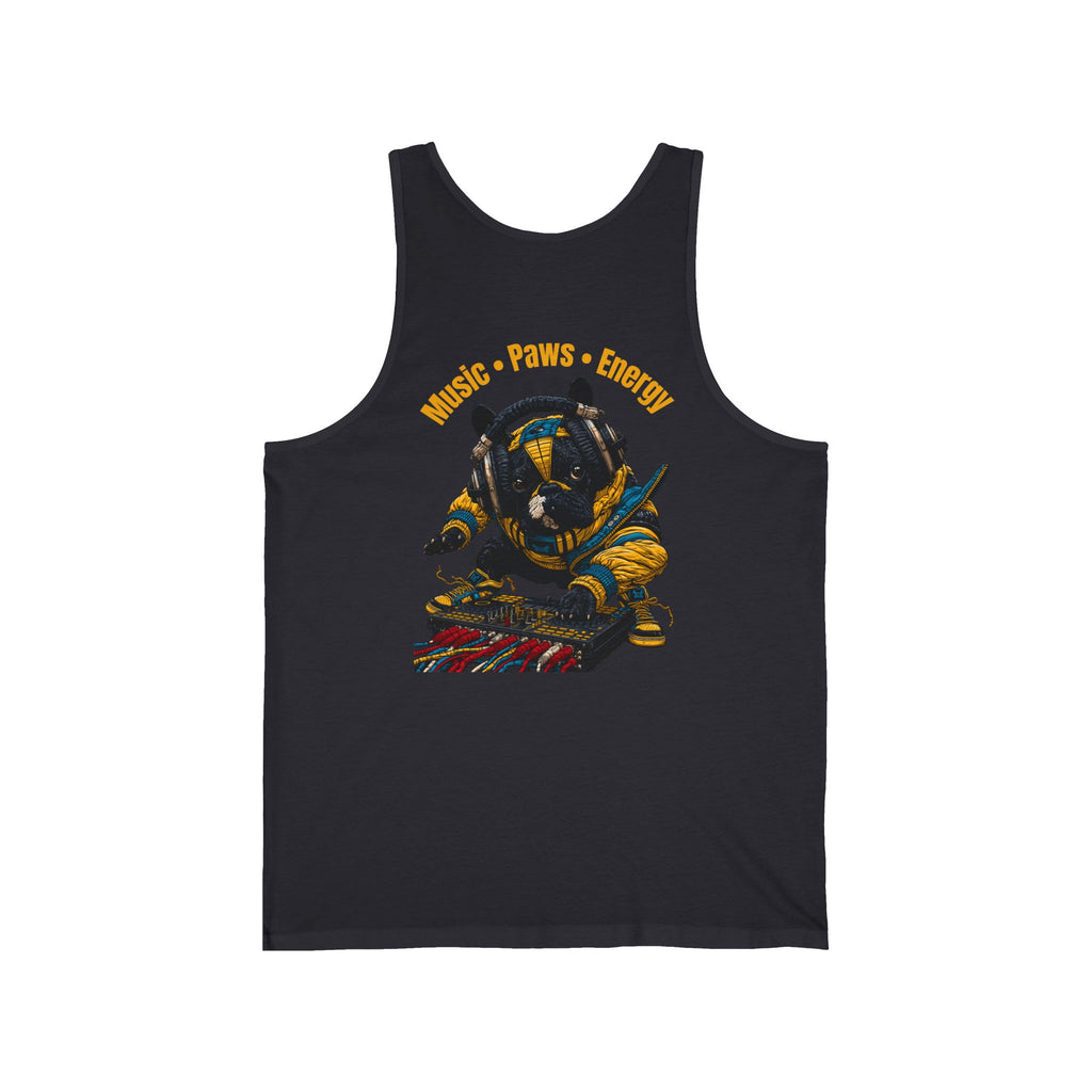 DJ Frenchie Graphic Tank Top — "Music, Paw Prints, & Energy" Summer Music Festival Tee