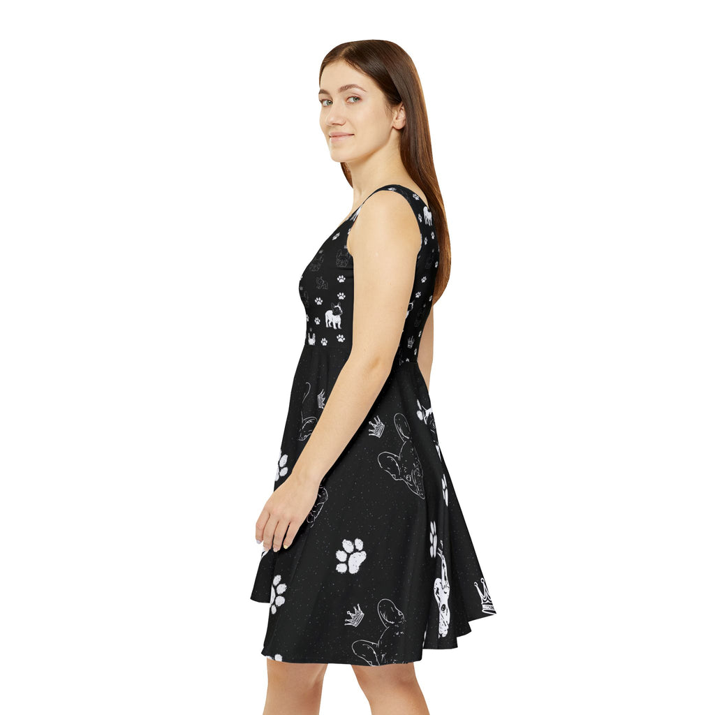 Skater Dress — All-Over Black Frenchie Paw Print — Cute Summer Dress for Frenchie Moms