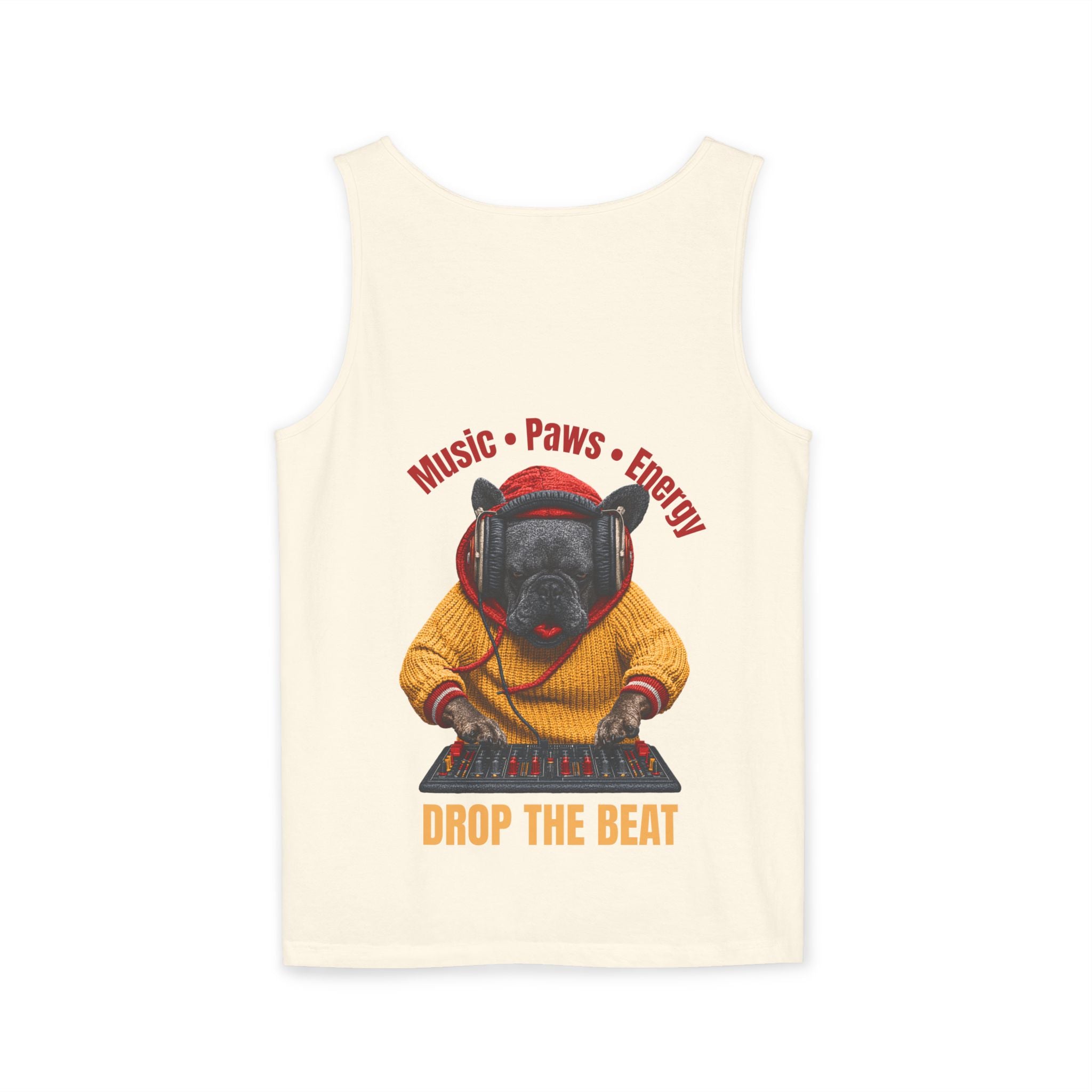 DJ Frenchie Dog Vest — "Music, Paw Prints, Energy: Igniting the Beat" Graphic Vest