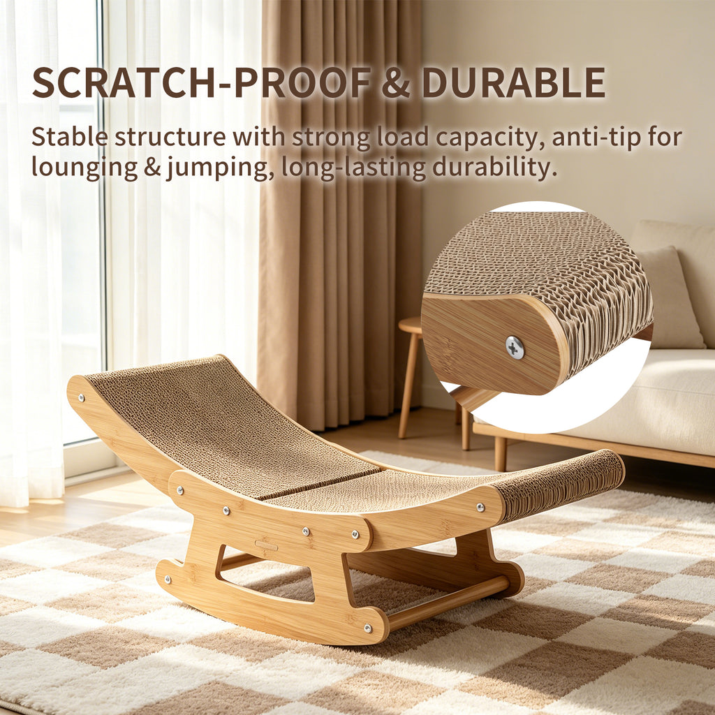 2-in-1 Cat Rocking Bed & Scratcher | Wooden Cat Lounge with Cardboard Scratch Pad for Indoor Cats