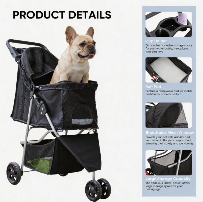Luxury Pet Stroller for Cats & Dogs — Foldable Travel Carrier with Storage Basket — Designed for French Bulldogs